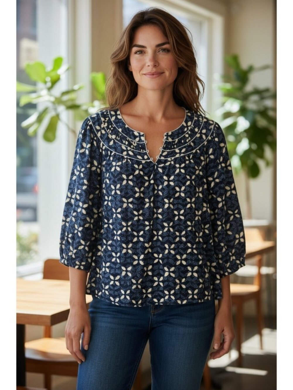 Pure Jill By J Jill Elements Collection Size Medium V Neck Smocked Top Casual